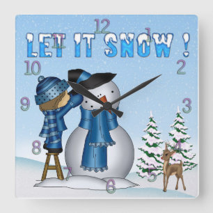Let It Snow Snowman Square Wall Clock Quadratische Wanduhr