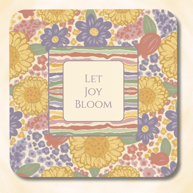 Let Joy Bloom Coaster Set – Editable Text Getränkeuntersetzer (Let Joy Bloom Coaster Set – Personalized Inspirational Quote – Custom Floral Striped Drink Coasters)