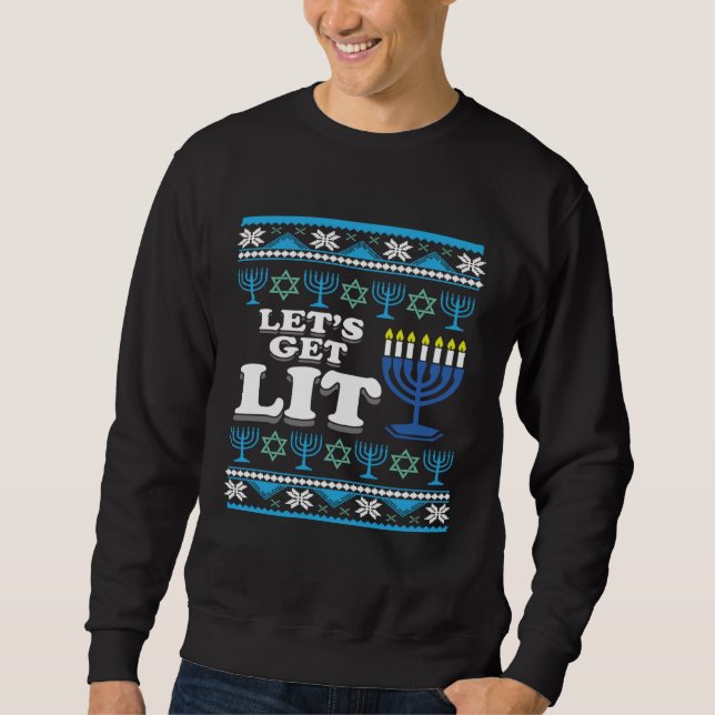 Let s Get Lit Jewish Ugly Hanukkah Christmas Sweatshirt (Vorderseite)