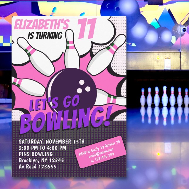 Let’s Go Bowling!  Fun Bowling-Style Birthday Girl Einladung (Von Creator hochgeladen)