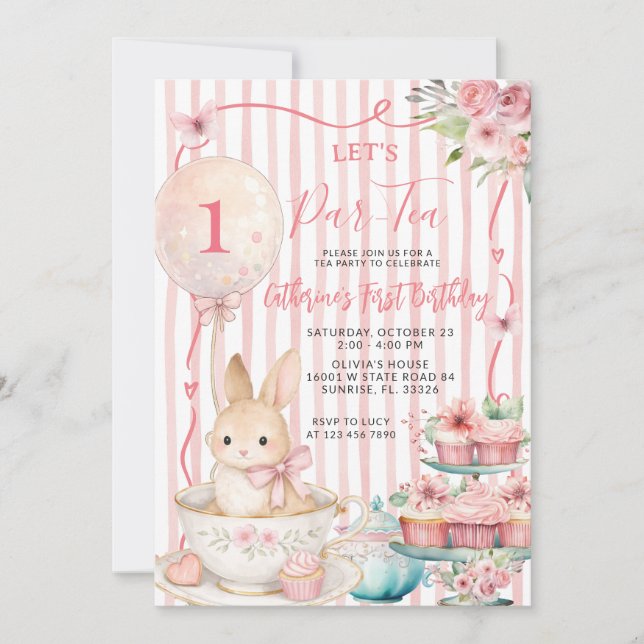 Let’s Par Tea Pink Striped Bunny Party Birthday Einladung (Vorderseite)