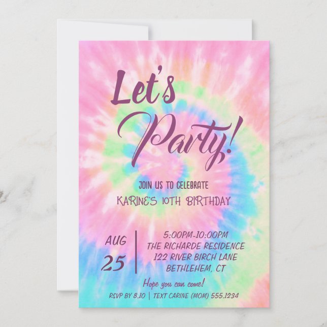 Let’s Party, Pink Tie Dye Birthday Einladung (Vorderseite)