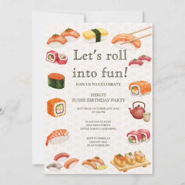 Let’s Roll into Fun! Sushi Birthday Party Invitati Einladung (Vorderseite)