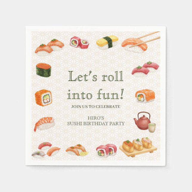 Let’s Roll into Fun! Sushi Birthday Party Invitati Serviette (Vorderseite)