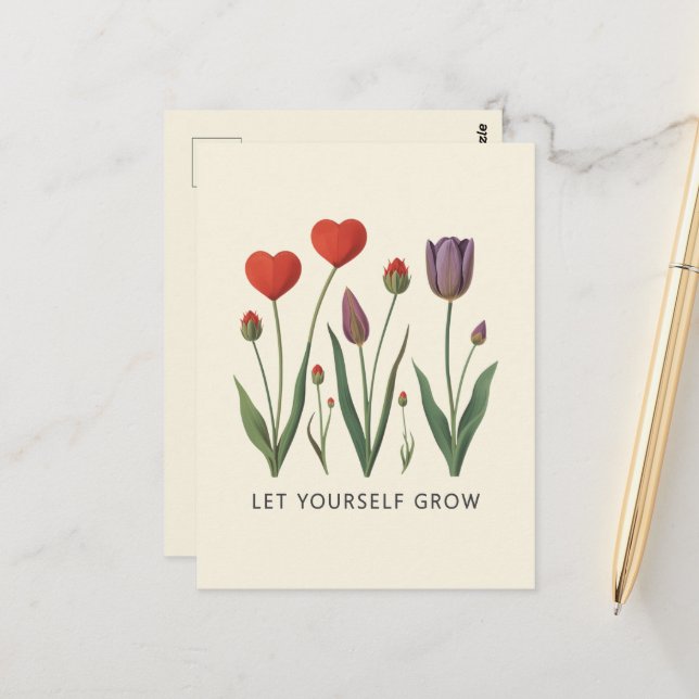 Let Yourself Grow Floral Heart Tulips Art Postkarte (Vorderseite/Rückseite Beispiel)