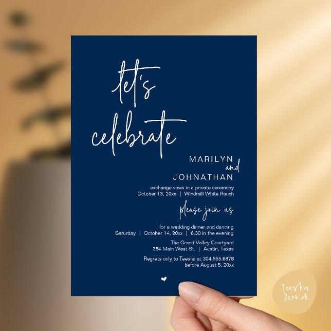 Let's Celebrate, Minimal Modern Wedding Reception Einladung (Let's Celebrate, Modern Minimal Wedding Reception dinner dancing Invitation card navy blue)