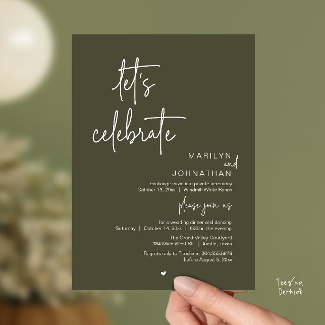 Let's Celebrate, Minimal Modern Wedding Reception Einladung (Let's Celebrate, Modern Minimal Wedding Reception dinner dancing Invitation card olive green)