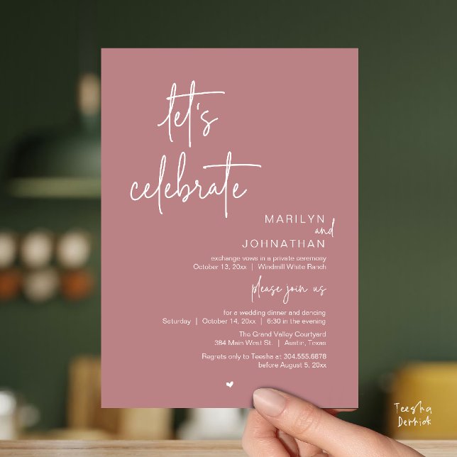 Let's Celebrate, Minimal Modern Wedding Reception Einladung (Let's Celebrate, Modern Minimal Wedding Reception dinner dancing Invitation card dusty rose pink)