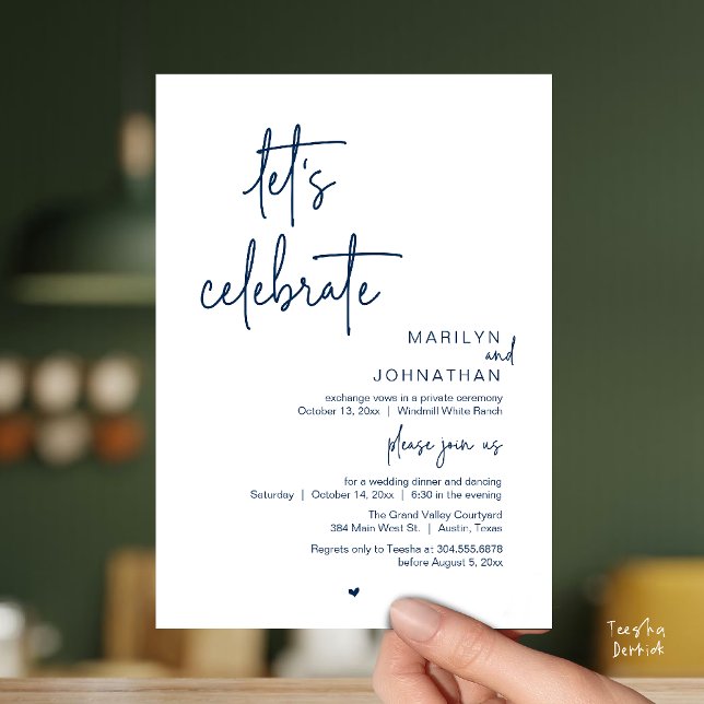 Let's Celebrate, Minimal Modern Wedding Reception Einladung (Let's Celebrate, Modern Minimal Wedding Reception dinner dancing Invitation card navy blue)