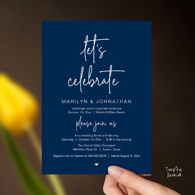 Let's Celebrate, Modern Minimal Wedding Reception Einladung (Let's Celebrate, Modern Minimal Wedding Reception dinner dancing Invitation card navy blue)