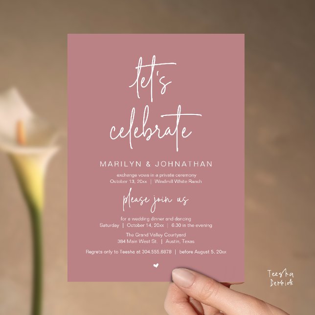 Let's Celebrate, Modern Minimal Wedding Reception Einladung (Let's Celebrate, Modern Minimal Wedding Reception dinner dancing Invitation card dusty rose pink)