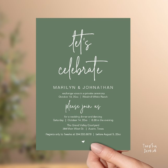 Let's Celebrate, Modern Minimal Wedding Reception Einladung (Let's Celebrate, Modern Minimal Wedding Reception dinner dancing Invitation card sage green)