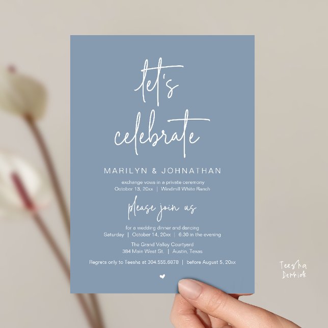 Let's Celebrate, Modern Minimal Wedding Reception Einladung (Let's Celebrate, Modern Minimal Wedding Reception dinner dancing Invitation card dusty blue)