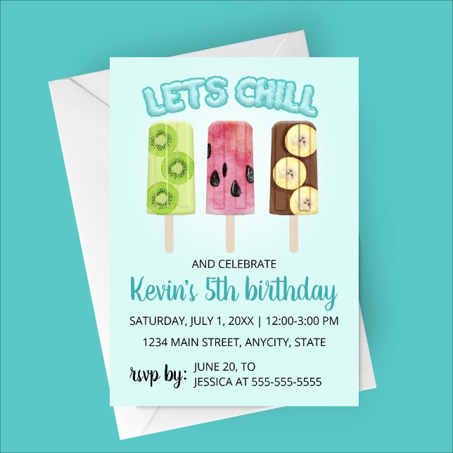 Let's Chill Fruit Bars Geburtstagsparty Einladung (Let's Chill Birthday Party Invitation - Fruit Popsicle - Kiwi, Watermelon and Banana )