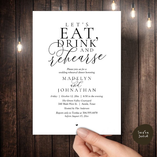"Let's eat, drink and rehearse", Rehearsal Dinner Einladung ("Let's eat, drink and rehearse", Rehearsal Dinner Invitation card in black and white)