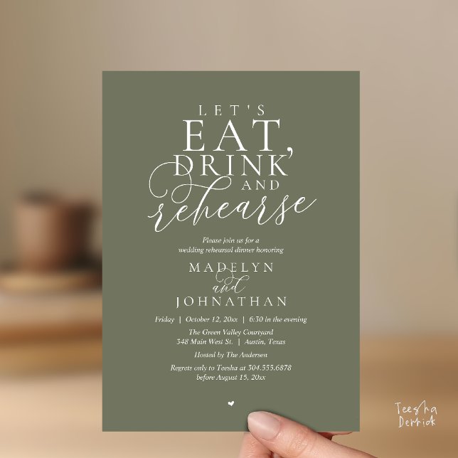 "Let's eat, drink and rehearse", Rehearsal Dinner Einladung ("Let's eat, drink and rehearse", Rehearsal Dinner Invitation card in olive sage green)