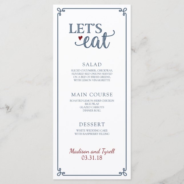 "Let's Eat" - Dusty Blue & Dark Red Wedding Menu Menükarte (Vorderseite)