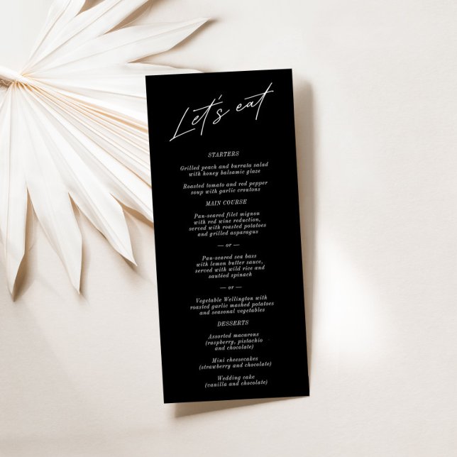 "Let's Eat" Einfaches elegantes Black Wedding Menü Menükarte ("Let's Eat" Simple Elegant Black Wedding Menu)