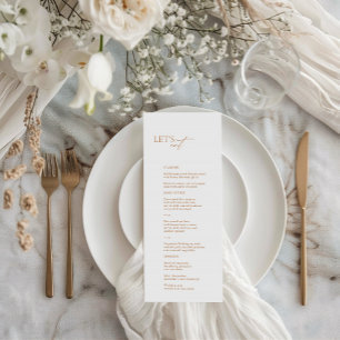 "Let's Eat" Elegante White Calligraphy Wedding Men Menükarte