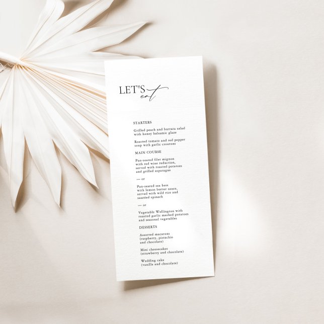 "Let's Eat" Elegantes Black & White Wedding Menü Menükarte ("Let's Eat" Elegant Black & White Wedding Menu)