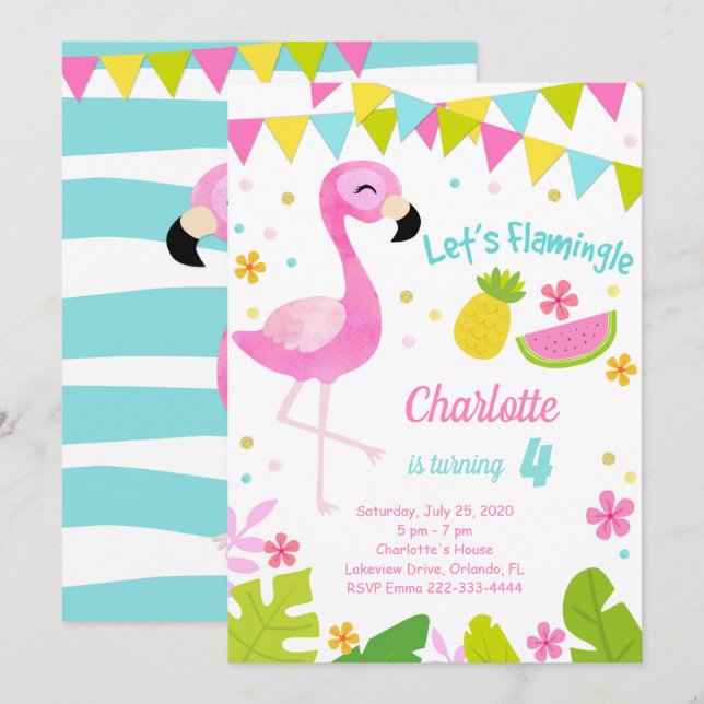 Let's Flamingle Flamingo Birthday Einladung (Vorne/Hinten)