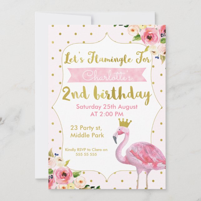 Let's Flamingle Floral 2. Geburtstag Einladung (Vorderseite)