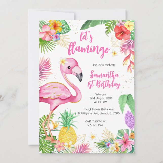 Let's Flamingle Pink Girl Tropical Birthday Einladung (Vorderseite)