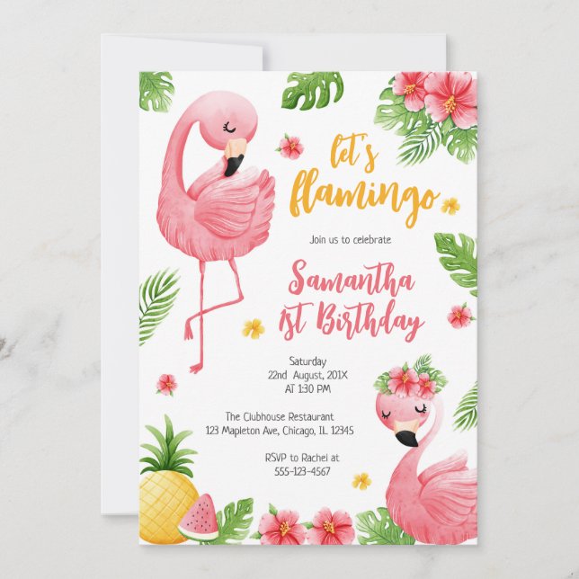 Let's Flamingle Pink Girl Tropical Birthday Einladung (Vorderseite)