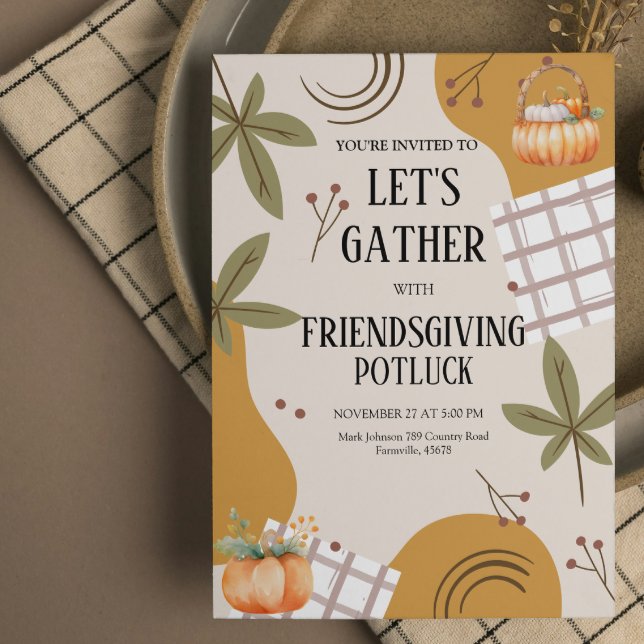Let's Gather Friendsgiving Potluck Thanksgiving  Einladung (friendsgiving thanksgiving invitations neighborhood picnic dinner feast burnt orange pumpkin freinds)