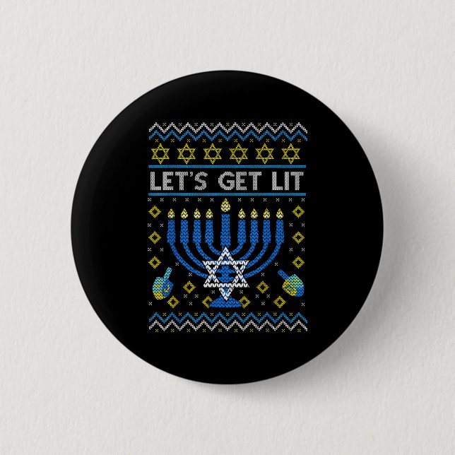 Let's Get Lit Funny Jewish Holiday Chanukah Ugly H Button (Vorderseite)