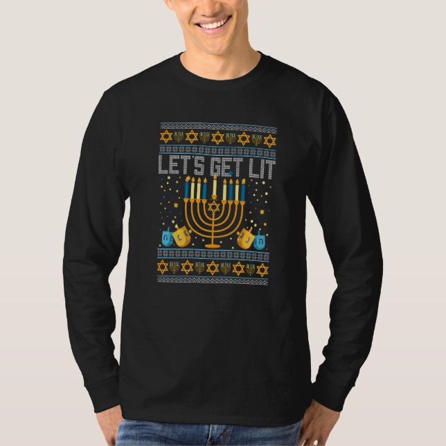 Lets Get Lit Menorah Jewish Pun Ugly Hanukkah Chan T-Shirt (Vorderseite)
