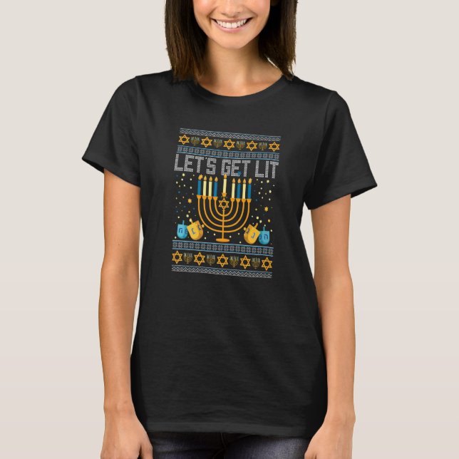 Lets Get Lit Menorah Jewish Pun Ugly Hanukkah Chan T-Shirt (Vorderseite)