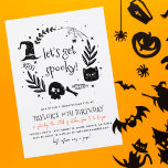 Let's Get Spooky Halloween Any Age Birthday Party Einladung<br><div class="desc">Halloween birthday party invitations. This modern design features a hand-drawn frame of Halloween elements: a spider, cobwebs, a black cat, a witch's hat, a skull, bones, candy, and more! Inside, it reads "let's get spooky!" in a cute decorative font. Below that, the event information starts with "Join us for a...</div>