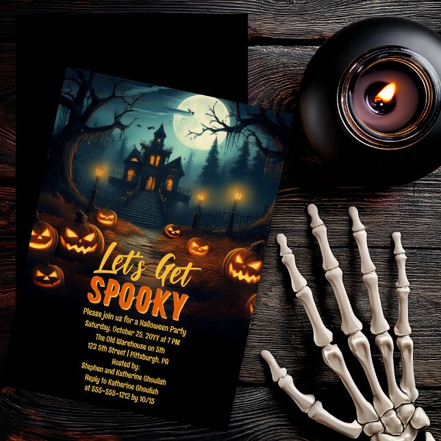 Let's Get Spooky Haunted House Halloween Party Einladung ("Let's Get Spooky" Haunted House and Jack-O-Lanterns Full Moon Halloween Party Invitation )