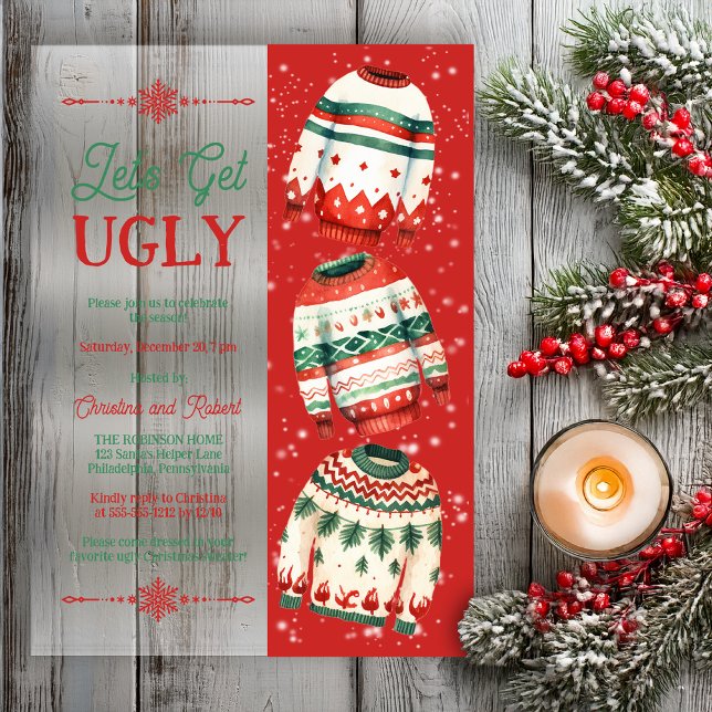 Let's Get Ugly Christmas Sweater Party Acryleinladungen ("Let's Get Ugly" Retro Ugly Christmas Sweater Holiday Party Acrylic Invitation)