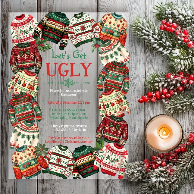 Let's Get Ugly Christmas Sweater Party  Acryleinladungen ("Let's Get Ugly" Ugly Christmas Sweater Frame Holiday Party Acrylic Invitation)