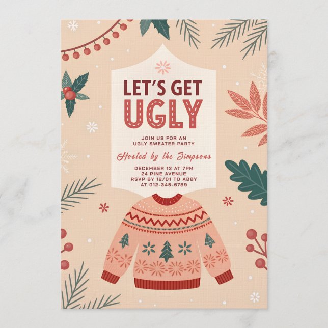 Let's Get Ugly Retro Christmas Ugly Sweater Party Einladung (Vorderseite)