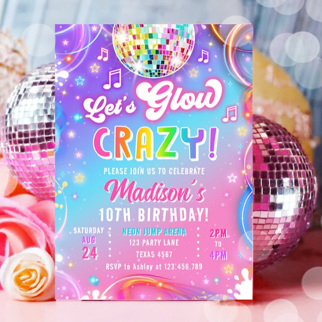 Let's Glow Crazy Disco Neon Glow Girl Birthday Einladung (Von Creator hochgeladen)