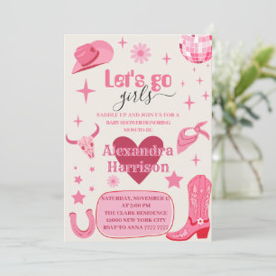 Let's Go Girl Pink Disco Cowgirl Rodeo Baby Dusche Einladung