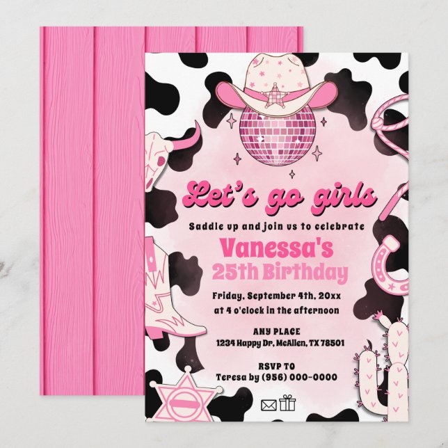 Let's Go Girls Cowgirl Rodeo Disco Einladung (Vorne/Hinten)