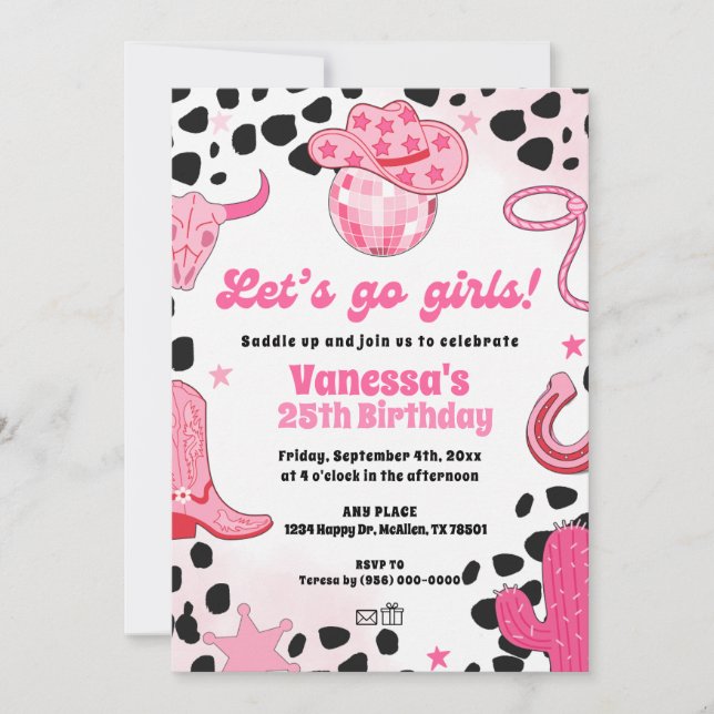 Let's go Girls Disco Cowgirl Space Rodeo Birthday Einladung (Vorderseite)