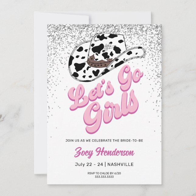 Let's Go Girls Glitzer Weekend Junggeselinnen-Absc Einladung (Vorderseite)