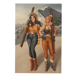 "Let's Go Skiing" Hübsch, Retro Pinup Girls Holzdruck