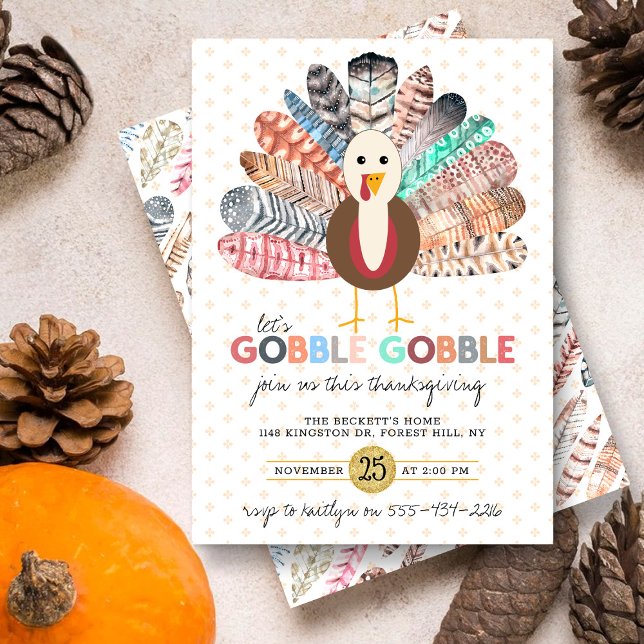 "Let's Gobble Gobble" Moderner Boho-Erntedank Einladung (Von Creator hochgeladen)