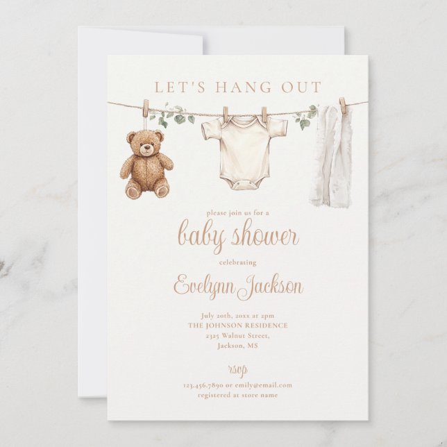 Lets Hang Out Clothesline Neutral Baby Shower Einladung (Vorderseite)