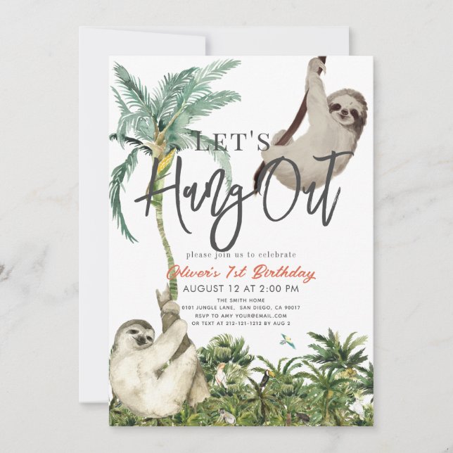 Let's Hang Out Sloth Jungle 1st Birthday Einladung (Vorderseite)