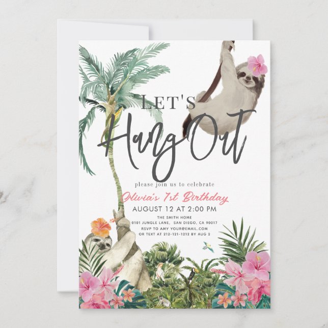 Let's Hang Out Sloth Jungle Girl 1st Birthday Einladung (Vorderseite)