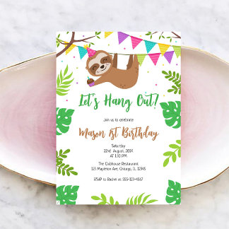 Let's Hang Out Sloth Kids Birthday Invitation Einladung