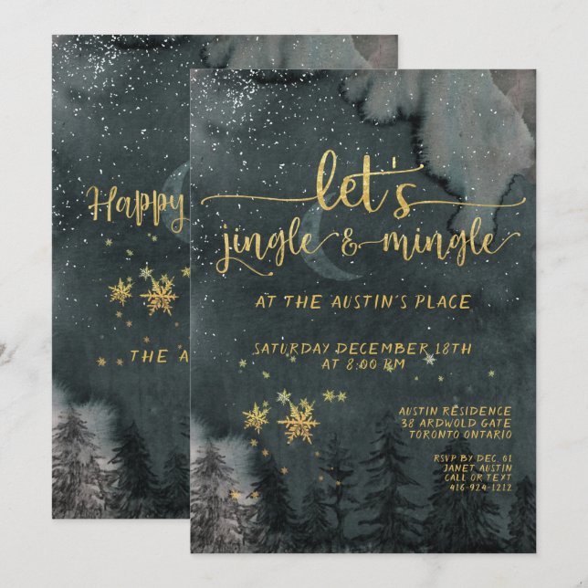 Let's Jingle & Mingle Gold Woodland Holiday Party Einladung (Vorne/Hinten)