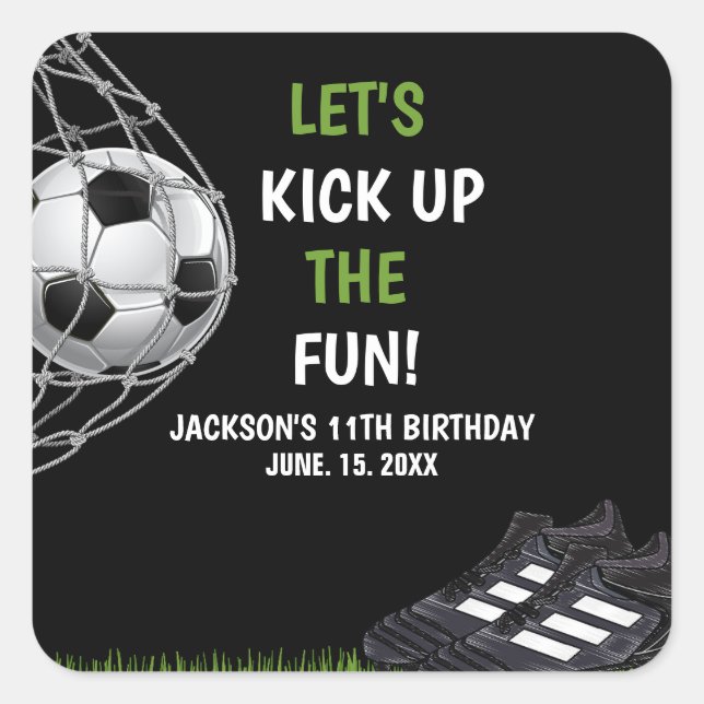 Let's Kick up the fun!, Fun Soccer Birthday Quadratischer Aufkleber (Vorderseite)